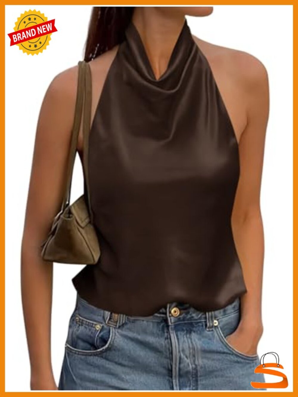Satin Halter Tank Top Mock Neck Backless Sleeveless Summer Top